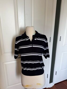 Massimo Dutti Navy and White Striped Polo Top